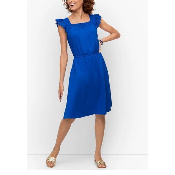 Talbots Dress M Medium Cobalt Blue Stretch Eyelet Slub Cotton Square Neck NEW - Picture 1 of 11